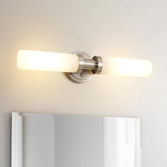 Brushed Nickel Bathroom Light Fixtures, 2-Light Vanity Lights W/White Glass Shade, Modern Sconces Wall Lighting for Mirror Kitchen Bedroom Hallway Living Room, E26 T10 Bulbs(Excluded)
