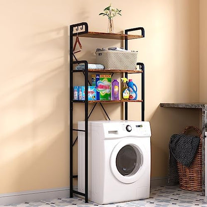 Huhote Over The Toilet Storage Rack with 3-Tier Bathroom Shelves, Space Saver Toilet Shelf, Bathroom Storage Organizer with Hooks for Over Toilet Storage and Shelf (Rustic Brown)