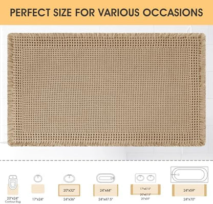 Upgrade Waffle Bath Mat, Boho Bathroom Rugs Absorbent Non Slip, Ultra Soft Bathroom Mat, Machine Washable Knit Bath Rugs with Border for Bathroom, Bedroom, Kitchen, Shower, Tub, 36"x24", Beige