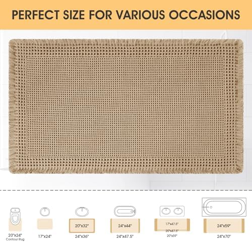 Upgrade Waffle Bath Mat, Boho Bathroom Rugs Absorbent Non Slip, Ultra Soft Bathroom Mat, Machine Washable Knit Bath Rugs with Border for Bathroom, Bedroom, Kitchen, Shower, Tub, 32"x20", Beige