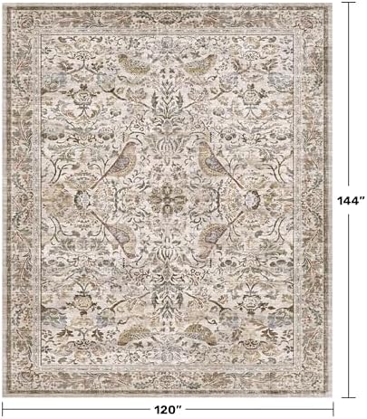 Washable Floral 10x12 Area Rug for Living Room - Floral & Bird Soft Rugs for Bedroom, Non Slip Washable Carpet for Dining Room Under Table, Vintage Moss Indoor Décor, Low Pile Stain Resistant