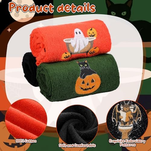 FuWeave 3 Pcs Orange Green Halloween Ghost Hand Towels for Bathroom