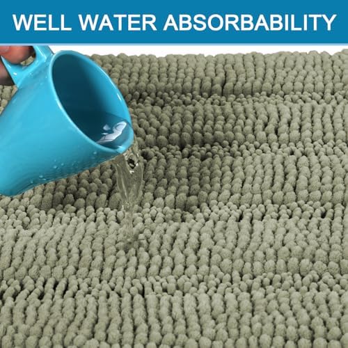 H.VERSAILTEX Bathroom Rug Sets 2 Piece Bath Mats Non Slip Thick Soft Chenille Striped Bath Rug achine Washable Shower Floor Rugs for Tub, Shower and Floor (Eucalyptus Green, 47"x17" Plus 20"x20" U)