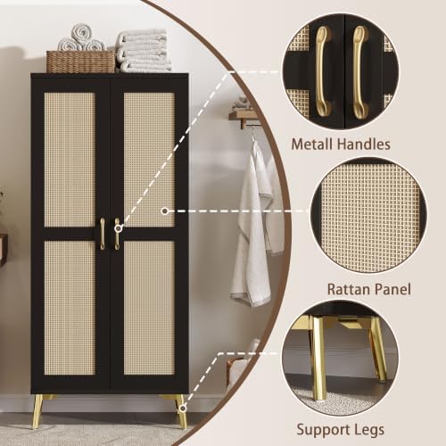 JASIWAY Tall Bathroom Storage Cabinet 57" Rattan Pantry Cabinet, Black