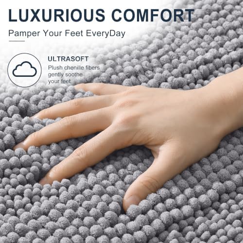 Smiry Thick Chenille Large Bathroom Runner Rugs 45x27, Soft Bath Mat, Grey