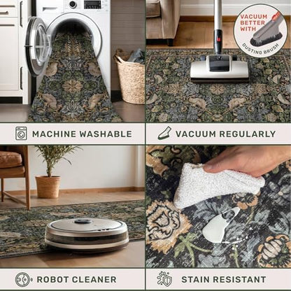 Large Entryway Rugs Indoor - 3x4 Washable Rugs for Kitchen Bedroom Beside Bed Door Mat Indoor Entrance with Moody Woodland Flowers, Non Slip Stain Resistant Low Pile