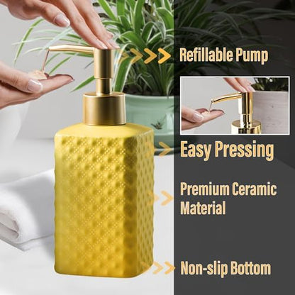 Jessie Bathroom Accessories Set, 3 or 4-Piece Ceramic Bathroom Accessory Set,Soap Dispenser,Toothbrush Holders Set,Tumbler,Soap Dish Embossed Matte Bathroom for Modern Bathrooms (Yellow 4-Piece Suit)