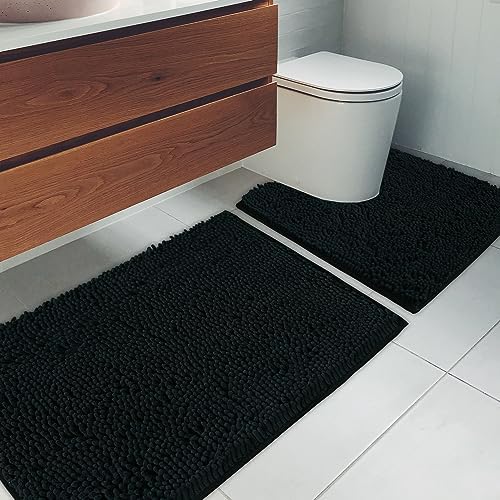 Bathroom Rugs Chenille Bath mat 2 Piece Set, Super Absorbent, Strong PVC Non Slip Backing, Bath mats for Bathroom, Plush Shaggy, Thick, Machine Washable, Bathtub, Shower, Toilet.(Black)