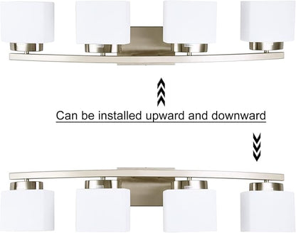 4-Light Brushed Nickel Vanity Light Fixture with White Glass Shade for Bathroom Over Mirror, 31.5 Inches