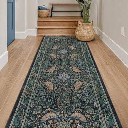 Hazo Haus Blue Boho 2'6"x10' Long Hallway Runner Rug - Vintage Floral Botanical Bird Runner Rug for Kitchen Floor, Laundry Room, Bedroom, Entrance, Washable Non Slip Low Pile