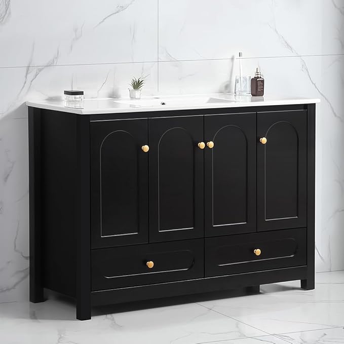 LZ LEISURE ZONE 48" Bathroom Vanity with Ceramic Sink Combo, Abundant Cabinet -4 Soft Close Doors and 2 Drawers, Black