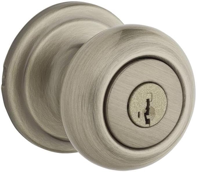 Kwikset Juno Entry Door Knob with Lock and Key, Secure Keyed Handle Exterior, Front Entrance and Bedroom, Antique Brass, Pick Resistant SmartKey Rekey Security and Microban