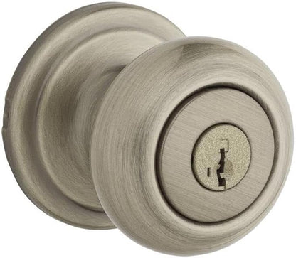 Kwikset Juno Entry Door Knob with Lock and Key, Secure Keyed Handle Exterior, Front Entrance and Bedroom, Antique Brass, Pick Resistant SmartKey Rekey Security and Microban