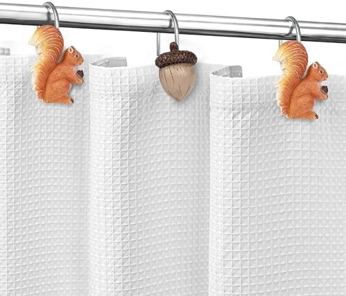 Sunlit Fall Autumn Decorative Shower Curtain Hooks, Squirrel Acorn Shower Curtain Rings, Resin, Orange Brown Cute Bathroom Curtain Hangers Decoration, Set of 12
