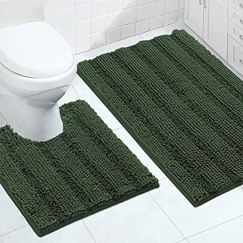 2-Piece Bathroom Rug Set with U-Shaped Mat, Soft Chenille, Bronze Green