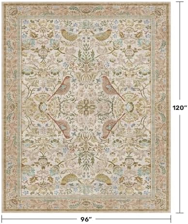 Washable Living Room Rug 8x10 - Country Style Beige Floral Area Rugs for Bedroom Under Bed, Dining Room Table Rug, Stain Resistant Non-Slip Neutral Farmhouse Décor with Light Blue and Green Accent
