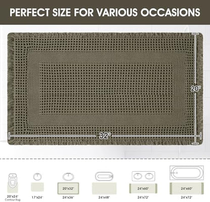 Upgraded Waffle Bath Mat, 32"x20" Greyish Green-Looped, Super Absorbent Non-Slip Quick Dry Bathroom Rugs with Tassels, Machine Washable Ultra Soft Boho Bath Rugs, Toilet Mats Boho Farmhouse Decor