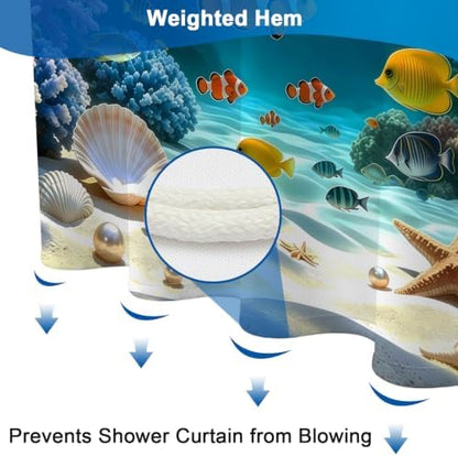 Waterproof Tropical Ocean Weighted Shower Curtains for Bathroom with Hooks