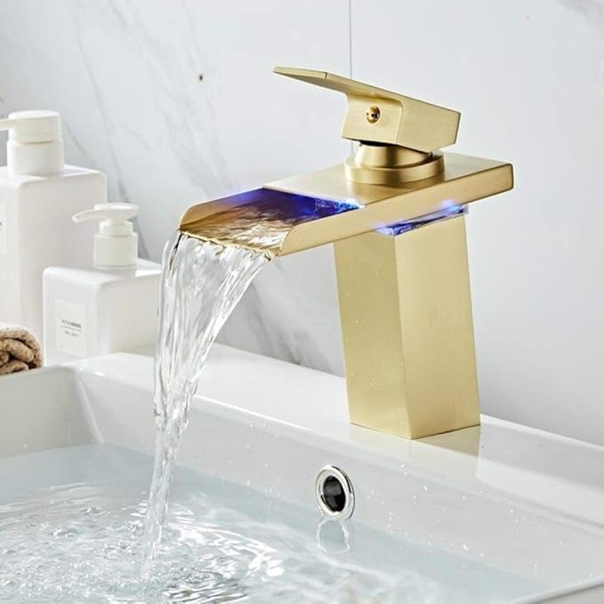 Faucet Waterfall LED Brass Faucet. Bathroom Deck Mounted Basin Sink Mixer Tap (Brushed Gold) Faucet