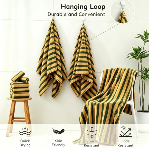 18 Pcs Yellow Green Cabana Stripe Bath Towel Set with Hanging Loop-6 Bath Towels,6 Hand Towels,6 Washcloths Family Towels Soft Microfiber Highly Absorbent Shower Towel for Bathroom Beach Spa Gym