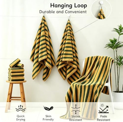 18 Pcs Yellow Green Cabana Stripe Bath Towel Set with Hanging Loop-6 Bath Towels,6 Hand Towels,6 Washcloths Family Towels Soft Microfiber Highly Absorbent Shower Towel for Bathroom Beach Spa Gym