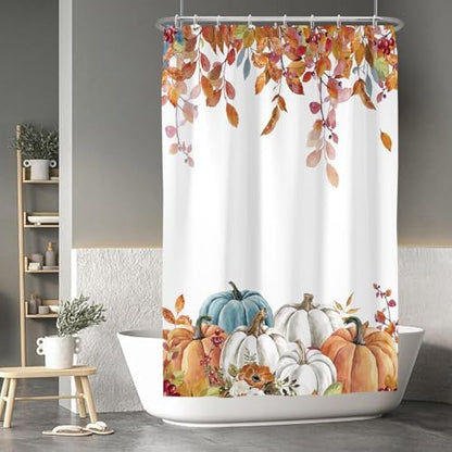 Fall Pumpkin Shower Curtain, Thanksgiving Autumn Maple Leaves Watercolor Floral Harvest Boho Bathroom Curtains with Hooks for Bathroom Bathtubs Decor, Waterproof Polyester Fabric 48x72