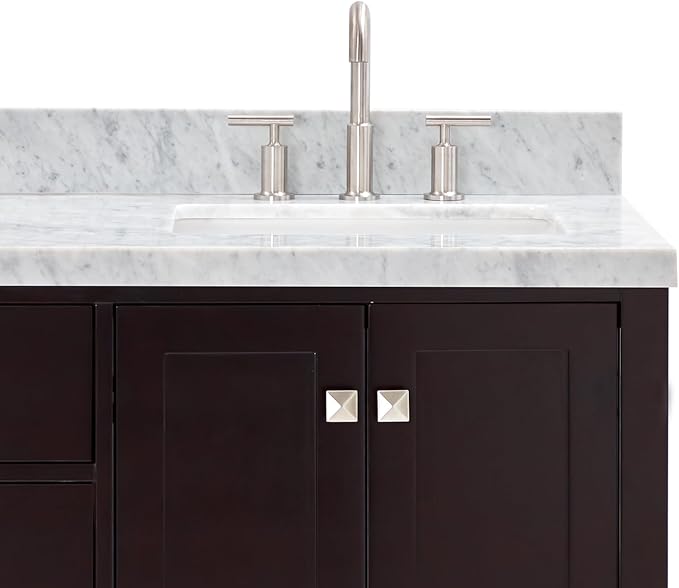 ARIEL Cambridge 66-inch Bathroom Vanity with Sink,Solid Wood, 1.5-inch Italian Carrara Marble Countertop, Double Rectangular Porcelain Sink, 4 Soft Closing Doors, 6 Dovetail Drawers, Espresso