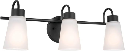 Kichler Erma 3-Light Bathroom Vanity Light Fixture with Clear Satin Etched Glass, Updated Traditional Wall Light in Black, (23" x 8.5")
