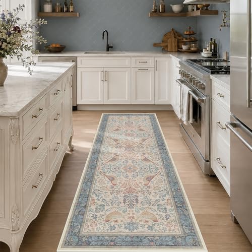 Red Blue Cream Vintage 2x6 Hallway Runner Rug - Traditional Oriental Kitchen Rug for Floor, Washable Low Pile Carpet for Bedroom Under Bed, Non-Slip Stain & Fade Resistant
