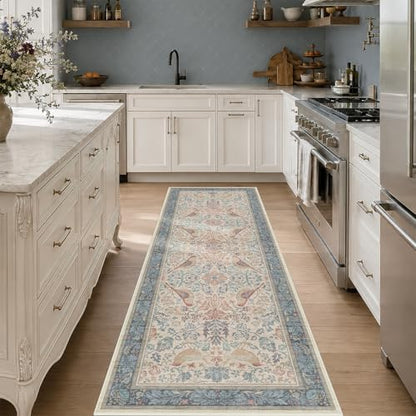 Red Blue Cream Vintage 2x6 Hallway Runner Rug - Traditional Oriental Kitchen Rug for Floor, Washable Low Pile Carpet for Bedroom Under Bed, Non-Slip Stain & Fade Resistant