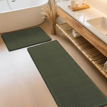 IM HOME Waffle Bath Mat Set Dark Green 2 Piece,Woven Modern Bath Rug Mats, Absorbent Non Slip Bath Floor Mat, Soft Washable Boho Bath Rugs with Tassels for Bathroom, Bedroom, Kitchen,Tub