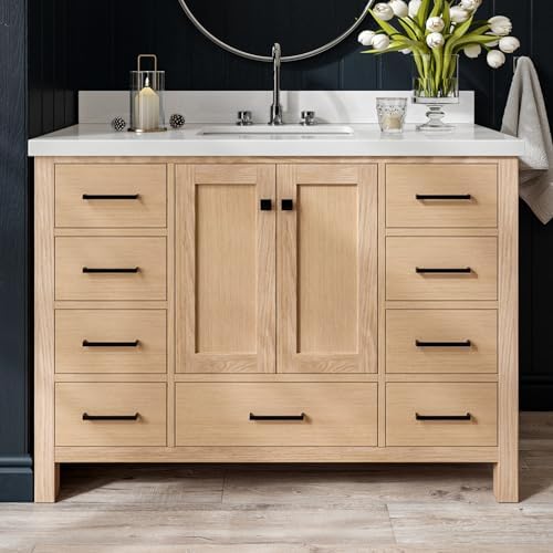 ARIEL Cambridge 48-inch Bathroom Vanity with Sink,Solid Wood, 1.5-inch Pure White Quartz Countertop, Single Rectangular Porcelain Sink, 2 Soft Closing Doors, 9 Dovetail Drawers, White Oak
