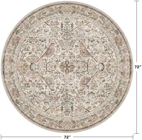 Hazo Haus Boho 6ft Area Round Rug for Living Room - Floral Vintage Circular Rug for Kids Bedroom, Dining Room, Home Office, Washable Low Pile Non Slip, Moss Green & Olive Indoor Aesthetic Décor
