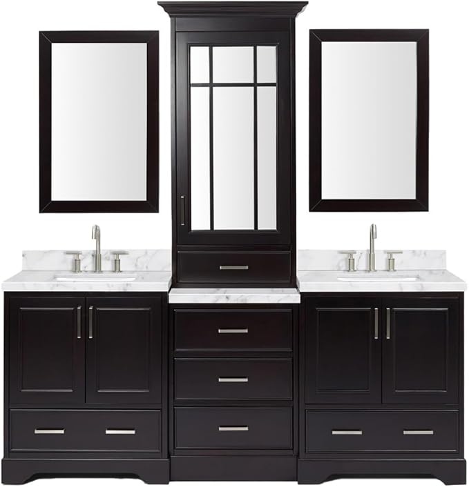 ARIEL Stafford 84-inch Bathroom Vanity with Sink,Solid Wood, 1.5-inch Italian Carrara Marble Countertop, Double Rectangular Porcelain Sink, 5 Soft Closing Doors, 6 Dovetail Drawers, Espresso
