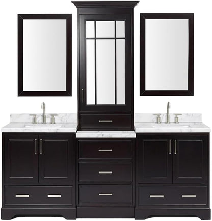 ARIEL Stafford 84-inch Bathroom Vanity with Sink,Solid Wood, 1.5-inch Italian Carrara Marble Countertop, Double Rectangular Porcelain Sink, 5 Soft Closing Doors, 6 Dovetail Drawers, Espresso