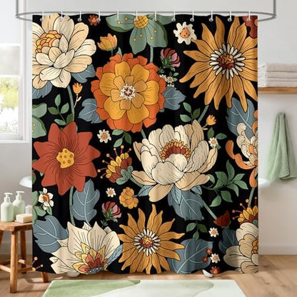 Black Boho Floral Shower Curtain for Bathroom 72 x 72 inch
