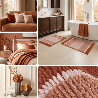 HOMEIDEAS Burnt Orange Bathroom Rugs Set, Chenille, 20"x32"+17"x24"