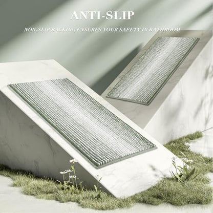 BSICPRO Large Chenille Bathroom Rugs, 24x43 Striped Bath Mat, Greyish Green