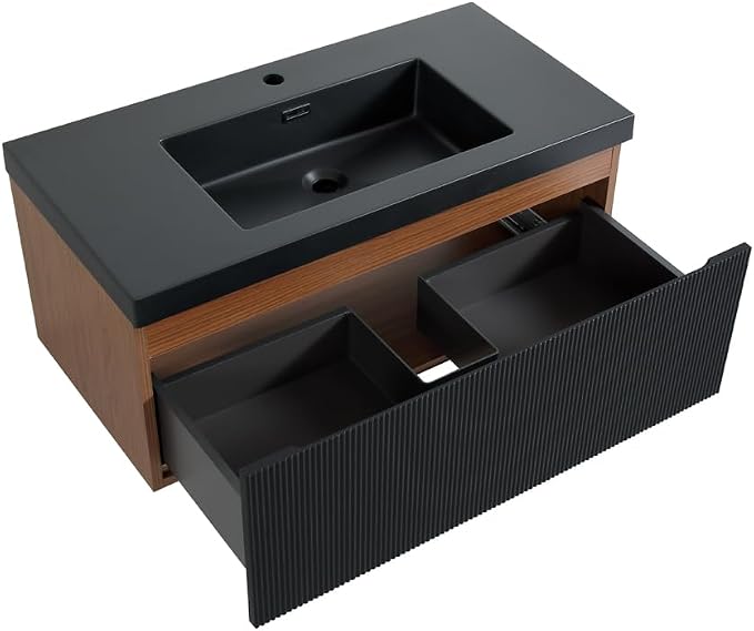 36 Inch Floating Bathroom Vanity with Sink, Wall Mounted Striped Storage Cabinet, Soft Close Drawer, Black Quartz Sand Basin, Fully Assembled, Smoked Walnut Finish