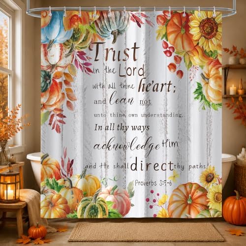 Fall Pumpkins Shower Curtain, Autumn Thanksgiving Harvest Motivational Inspirational Quotes Bathroom Bathtubs Decor, Waterproof Polyester Fabric Bathroom Curtain with Hooks 72x72 in
