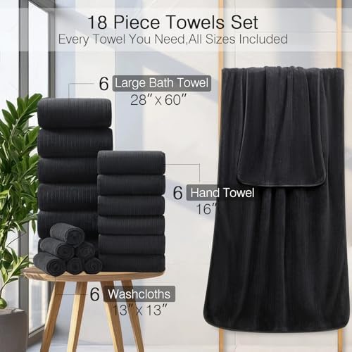 18 Piece Family Bath Towel Set Include 6 Bath Towels,6 Hand Towels and 6 Washcloths Soft Bathroom Towel with Hanging Loops,Highly Absorbent Quick Dry Towels Set for Bathroom,Hotel and Spa-Black