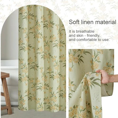 ORTIGIA Linen Shower Curtain Sage Green Floral Farmhouse Vintage Shower Curtains Boho Rustic Block Print Cottagecore Decor for Bathroom 72 W x 72 L