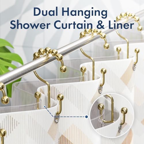 Bathway Shower Curtain Hooks Gold Shower Curtain Rings, 12 Pcs Double Hook Shower Curtain Hooks Rings Rust Shower Curtain Hangers Proof, Metal Shower Hooks for Bathroom Shower Curtain Rod