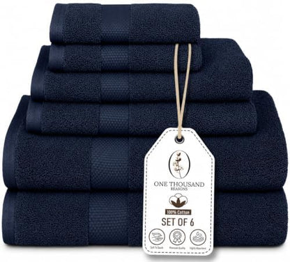 Premium Staple Cotton Bathroom Towel Set - Navy 600 GSM 6-Piece Luxury Bath Towel Set 1 Stripe - 2 Bath Towels, 2 Hand Towels & 2 Washclothes Set - High Absorbent & Quick Dry for Gym, Spa, Hotel