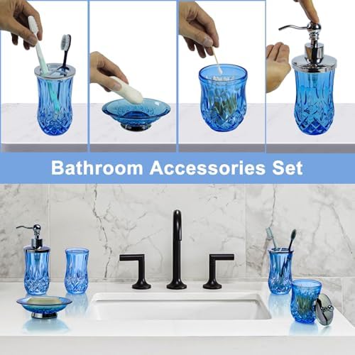 Blue Bathroom Accessories, Round Thick Glass & Metal Pump