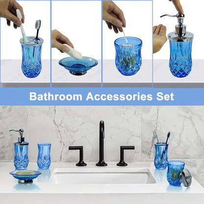 Blue Bathroom Accessories, Round Thick Glass & Metal Pump