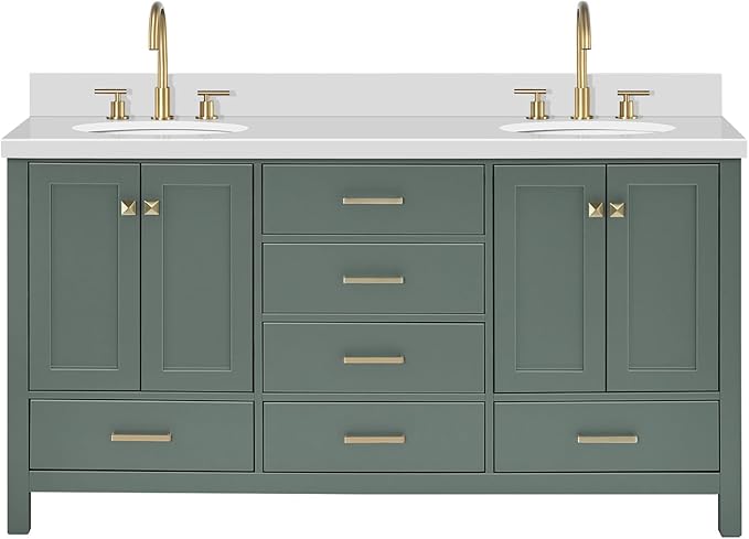 ARIEL Cambridge 67 Inch Double Oval Sink Bathroom Vanity with Pure White Quartz Countertop 1.5 Inch in Vintage Green