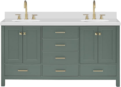 ARIEL Cambridge 67 Inch Double Oval Sink Bathroom Vanity with Pure White Quartz Countertop 1.5 Inch in Vintage Green