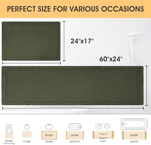 Waffle Bath Mat Set 2 Piece, Boho Woven Modern Bath Rug Absorbent Non Slip, Soft Bathroom Mats, Machine Washable Knit Bath Rugs with Border for Bathroom, Bedroom, Kitchen, Shower, Tub, Dark Green