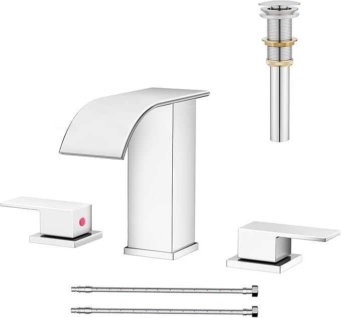 Waterfall Bathroom Faucet 3 Hole, Chrome 8 Inch Widespread Modern 3 Piece Bathroom Sink Faucet, Touch On Lavatory Faucet for Vanity RV Restroom, Curved Spout